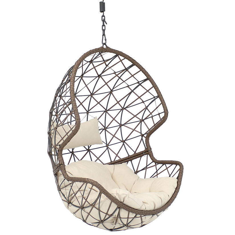 Sunnydaze Outdoor Resin Wicker Patio Danielle Hanging Basket Egg Chair Swing with Cushion and Headrest - Beige - 2pc Image