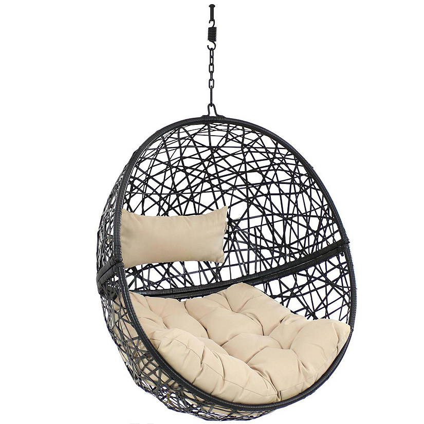 Sunnydaze Outdoor Resin Wicker Patio Jackson Hanging Basket Egg Chair Swing with Cushions and Headrest - Cream - 2pc Image