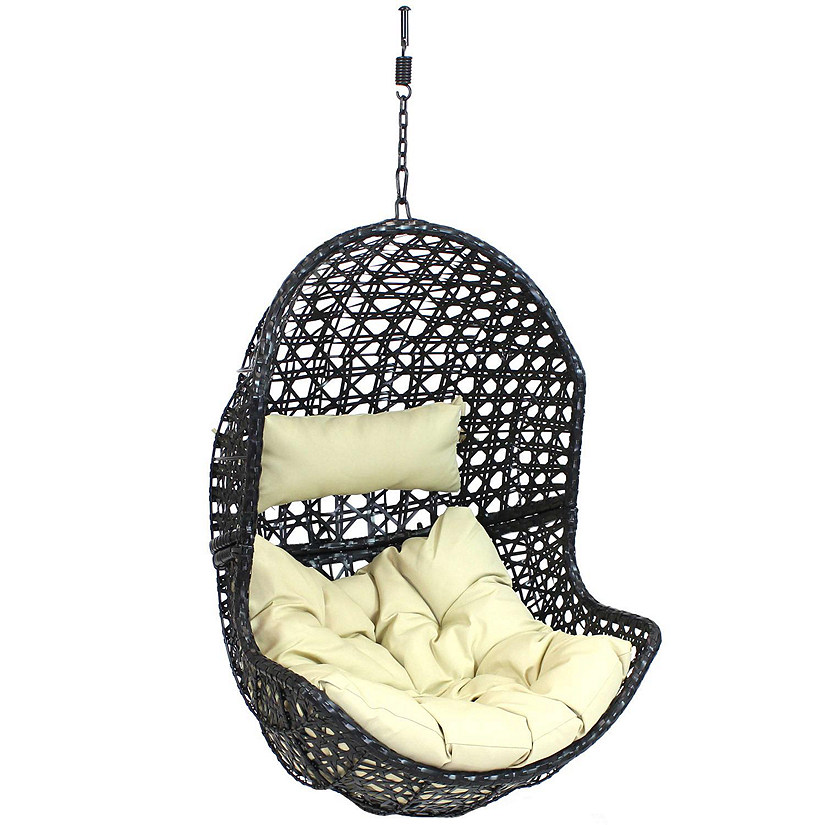 Sunnydaze Outdoor Resin Wicker Patio Lauren Hanging Basket Egg Chair Swing with Cushions and Headrest - Beige - 2pc Image