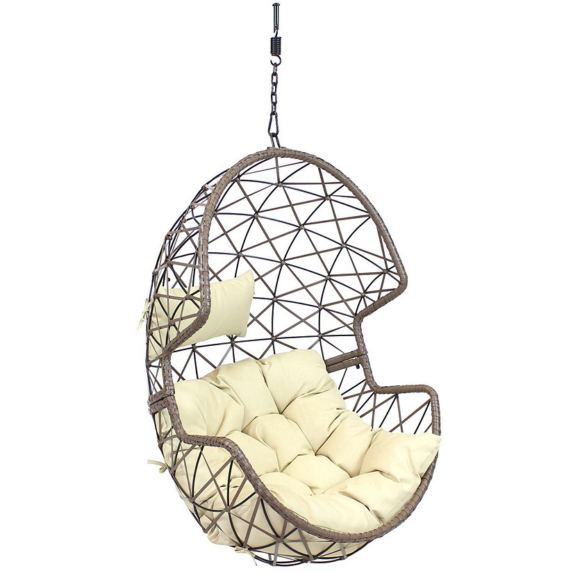 Sunnydaze Outdoor Resin Wicker Patio Lorelei Hanging Basket Egg Chair Swing with Cushions and Headrest - Beige - 2pc Image