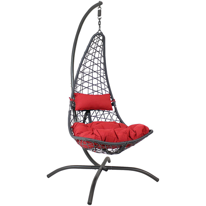 Sunnydaze Outdoor Resin Wicker Patio Phoebe Hanging Basket Egg Chair Swing with Cushions and Headrest - Red - 2pc Image