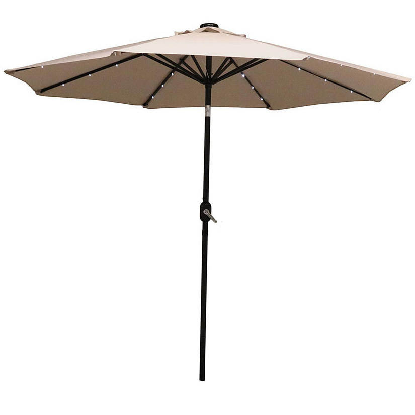 Sunnydaze Outdoor Solar Patio Umbrella with Polyester Canopy, LED Lights and Push Button Tilt and Crank - 9' - Beige Image