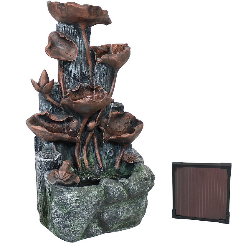 Sunnydaze Outdoor Solar Powered Tiered Driftwood and Flourishing Stem Rock Fountain with LED Light - 29" Image