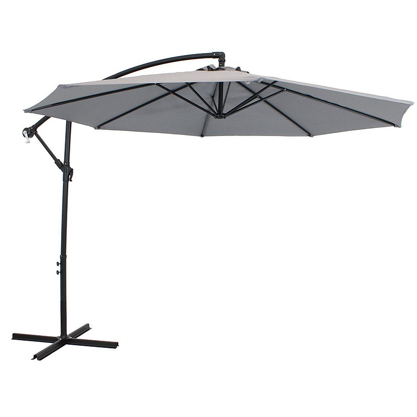 Sunnydaze Outdoor Steel Cantilever Offset Patio Umbrella with Air Vent, Crank, and Base - 9.25' - Smoke Image