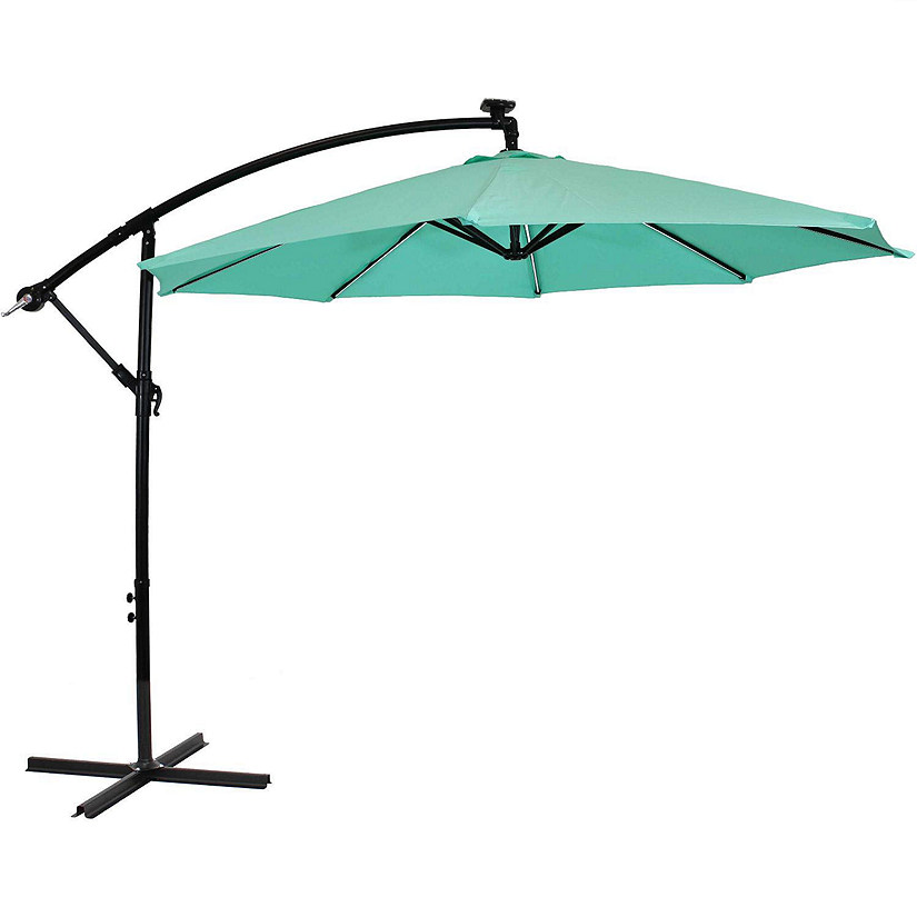 Sunnydaze Outdoor Steel Cantilever Offset Patio Umbrella with Solar LED Lights, Air Vent, Crank, and Base - 9' - Seafoam Image