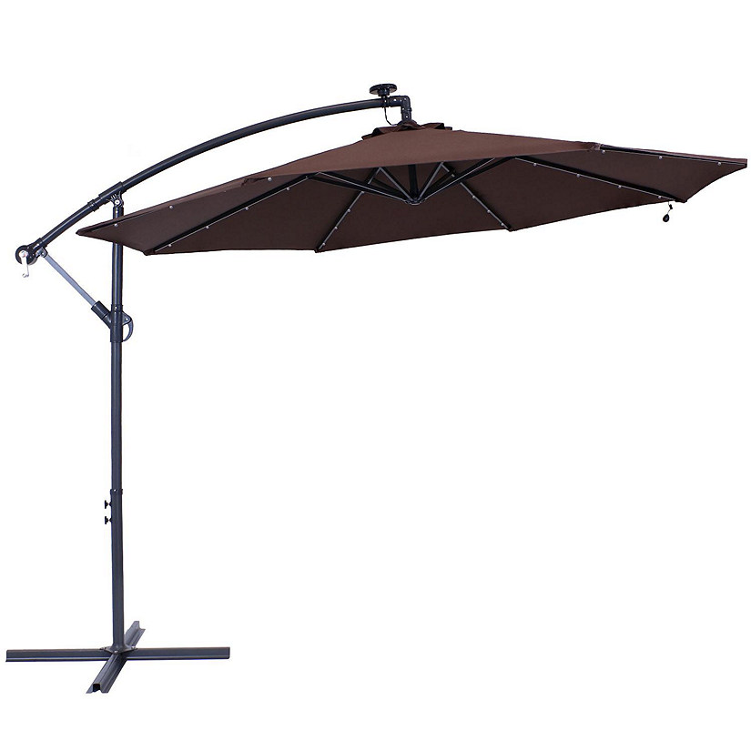 Sunnydaze Outdoor Steel Offset Solar Patio Umbrella with LED Lights, Cantilever, Crank, and Base - 10' - Brown Image