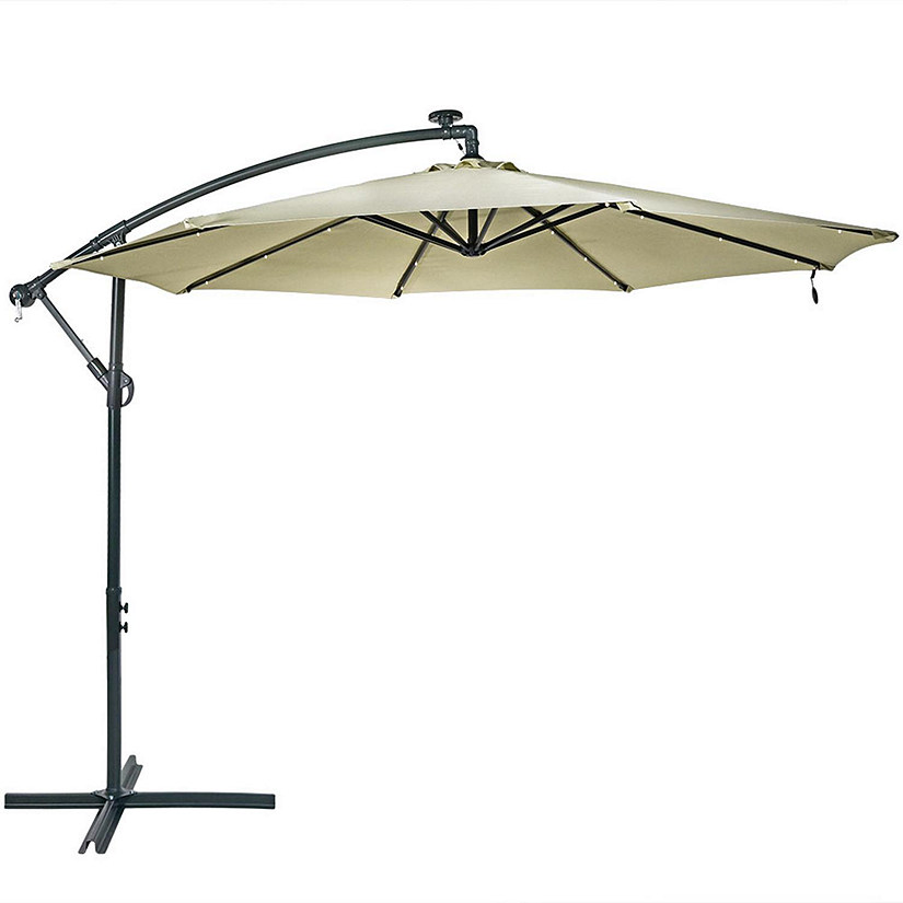 Sunnydaze Outdoor Steel Solar Light Offset Cantilever Patio Umbrella with Crank and Base - 10' - Beige Image