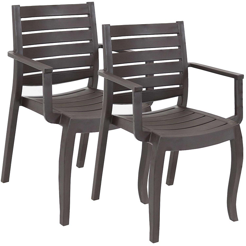 Sunnydaze Polypropylene Stackable Illias Outdoor Patio Arm Chair, Brown, 2pk Image