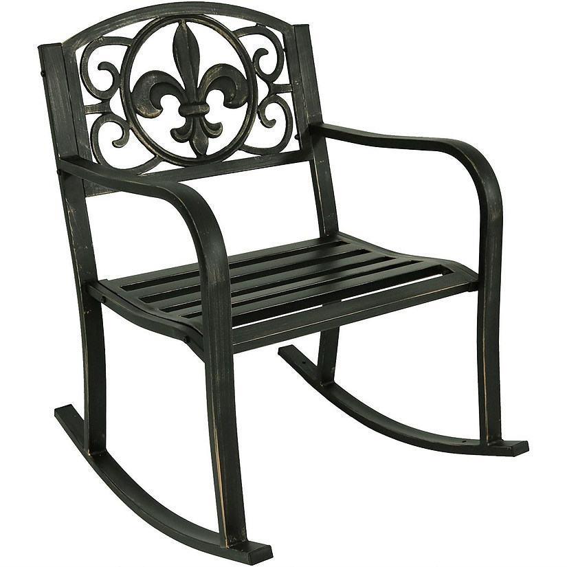 Sunnydaze Traditional Fleur-de-Lis Design Cast Iron and Steel Outdoor Rocking Chair Image