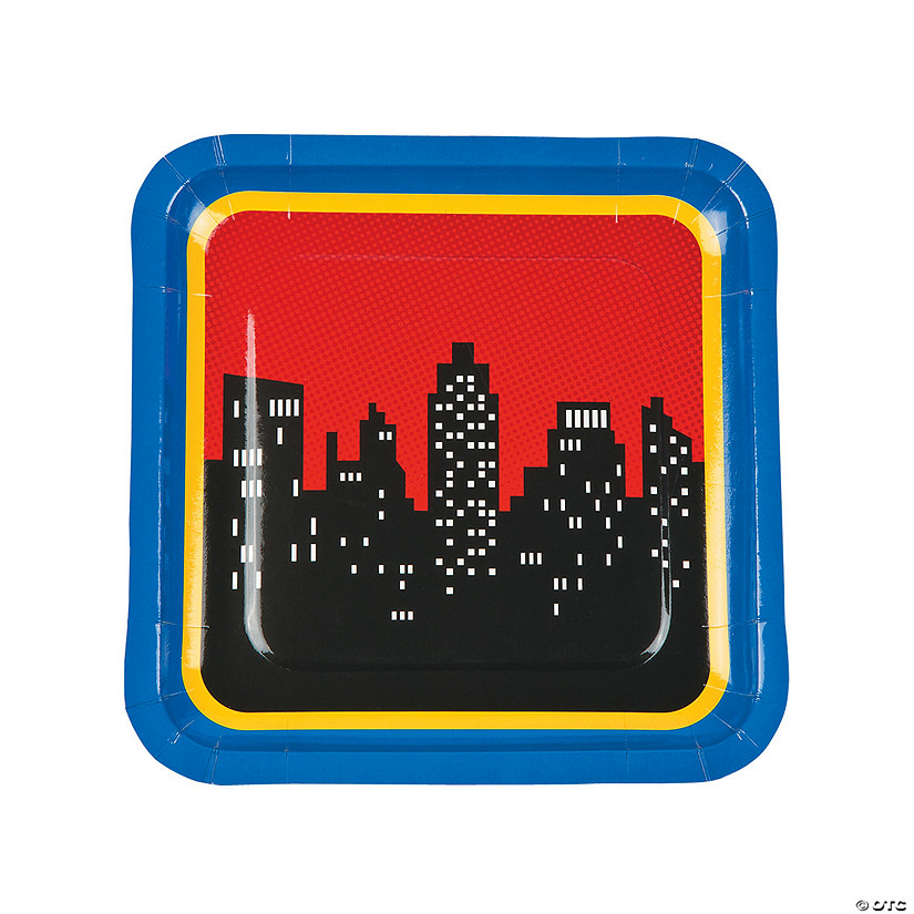 Superhero Party City Skyline Square Paper Dinner Plates - 8 Ct. Image