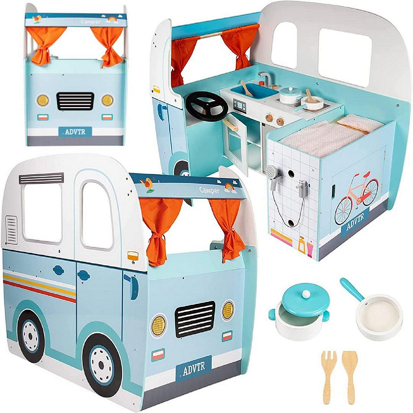 Svan Wooden Play Camper Van Toy Playset w Steering Wheel, Kitchen, Stove, Oven, Bed, Pillow, Pretend Shower, Curtains, Personalized Stickers- Fun Indoor Camping Image