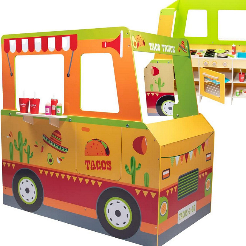 Taco Truck Wooden Playset, 30 Toy Pieces Including Cook Top, Steering Wheel, Sink, Sticker Sheet for Kids Name, Food, Taco Shells, Cheese, Patties, Dual Sided P Image