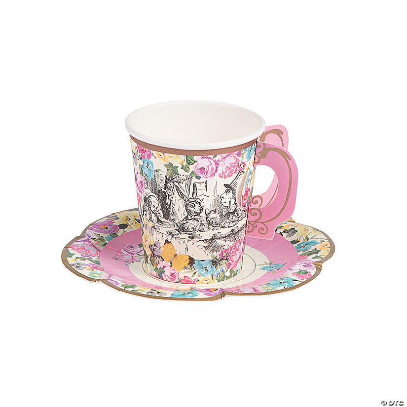 Talking Tables Truly Alice in Wonderland Floral Disposable Paper Cups with Saucers - 12 Ct. Image