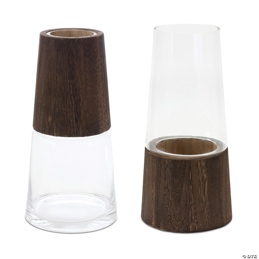 Tapered Glass Vase With Wood Accent (Set Of 2) 5.5"D X 11"H, 5.5"D X 11"H Glass/Wood Image
