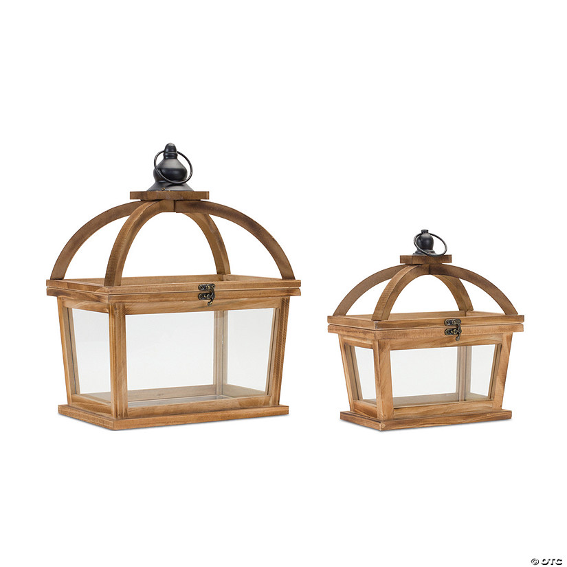Tapered Wood Lantern With Open Lid (Set Of 2) 9.5"L X 11"H, 12.25"L X 16"H Wood/Glass Image