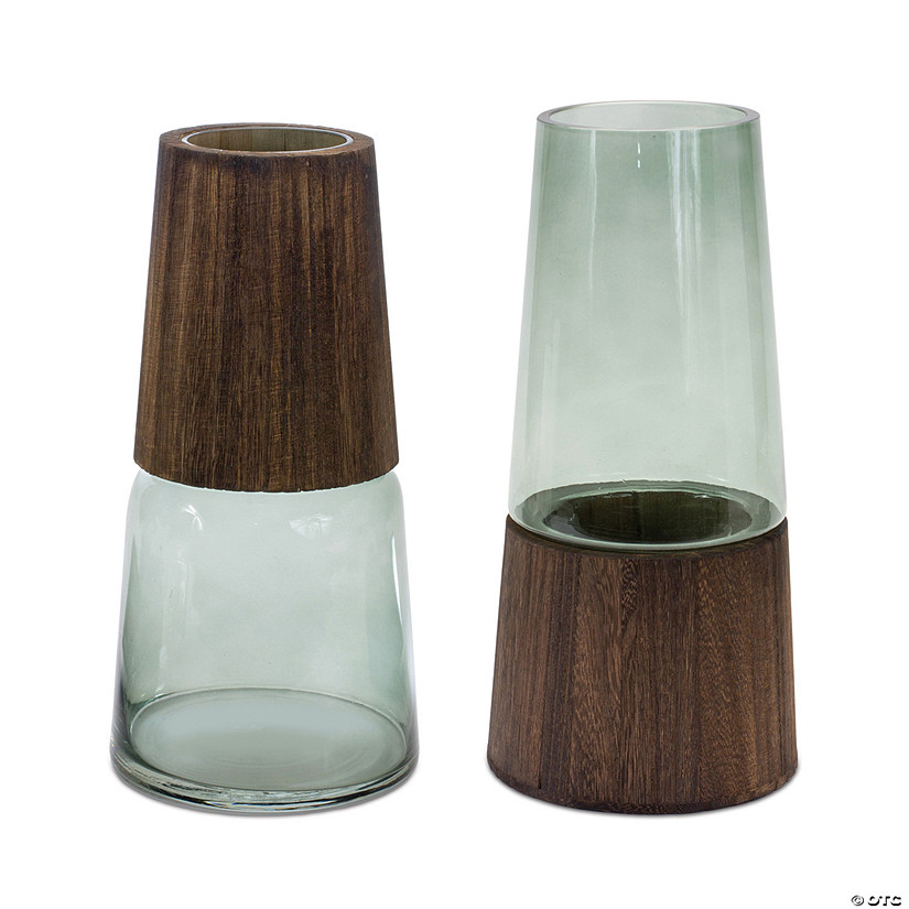 Tapetapered Green Glass Vase With Wood Accent (Set Of 2) 5.5"D X 11"H, 5.5"D X 11"H Glass/Wood Image