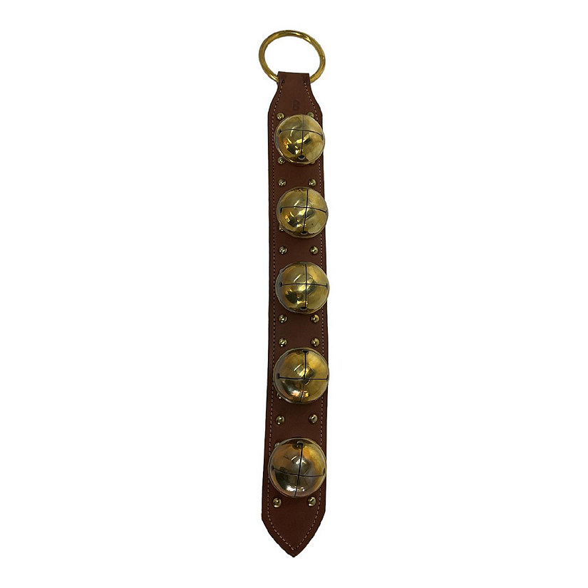 Taupe Five Solid Brass Bells Studded Natural Leather Sleigh Bell Door Hanger USA Image