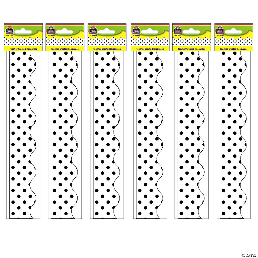 Teacher Created Resources Black Polka Dots on White Scalloped Border Trim, 35 Feet Per Pack, 6 Packs Image