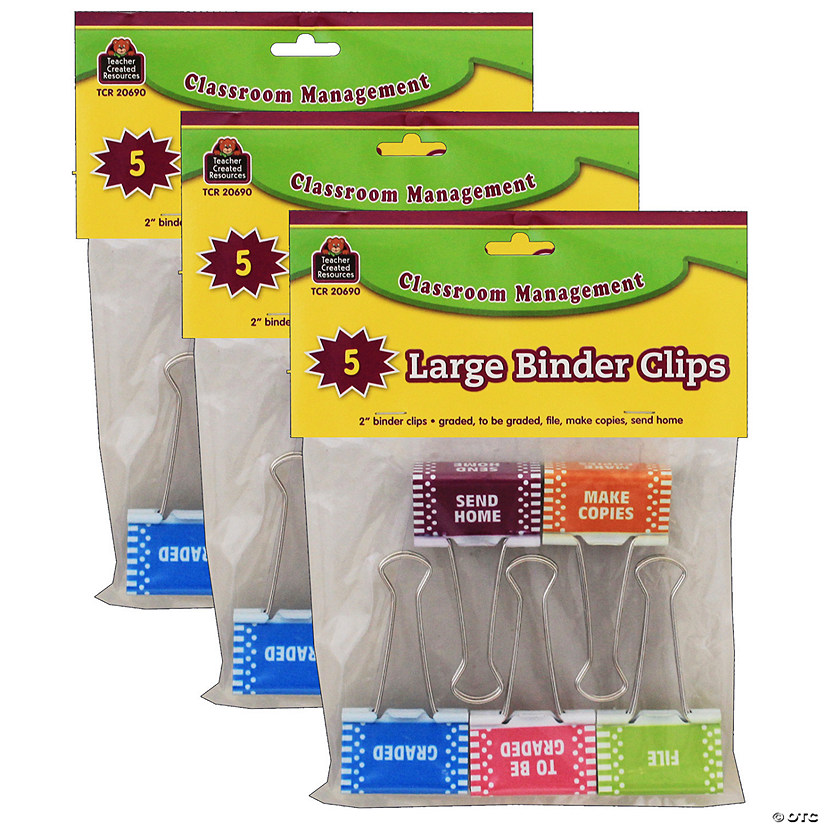 Teacher Created Resources Classroom Management Large Binder Clips, 5 Per Pack, 3 Packs Image