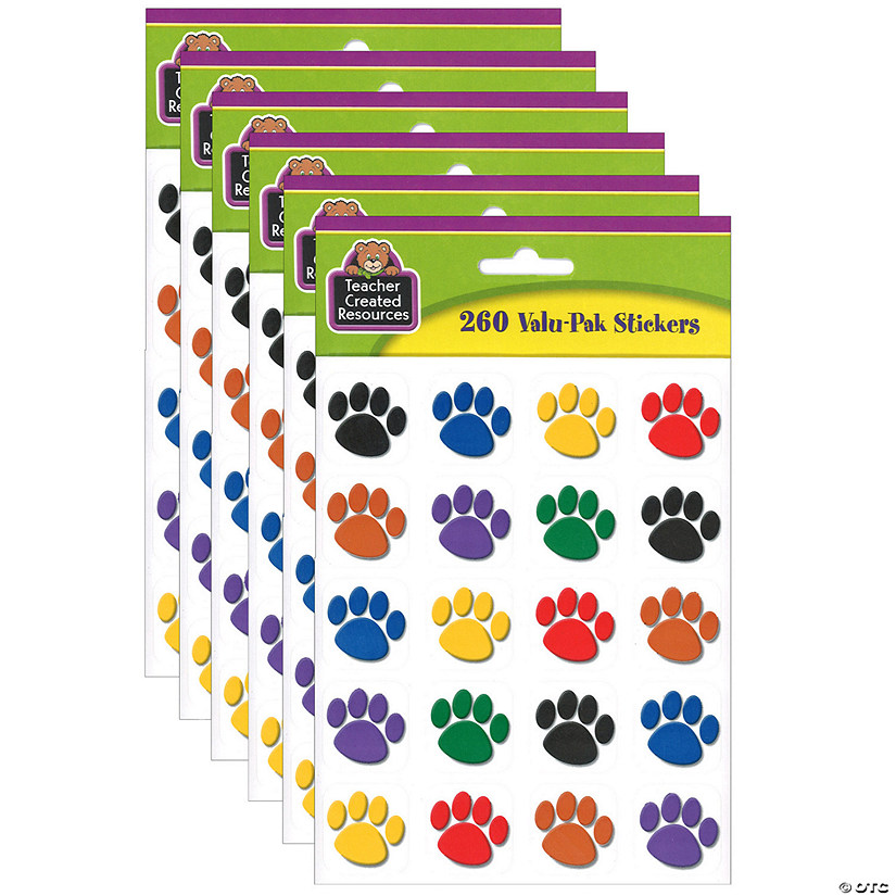 Teacher Created Resources Colorful Paw Print Stickers Valu-Pak, 260 Pieces Per Pack, 6 Packs Image