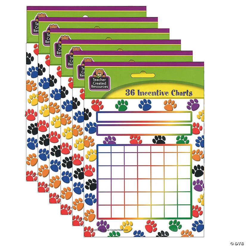 Teacher Created Resources Colorful Paw Prints Incentive Charts, 5.25" x 6", 36 Sheets Per Pack, 6 Packs Image