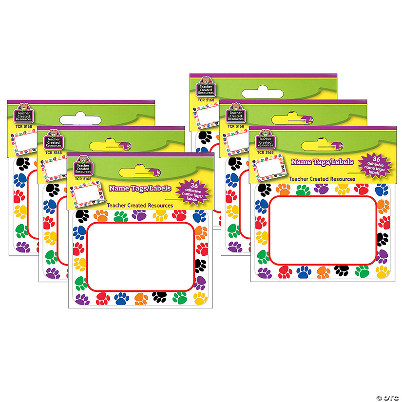 Teacher Created Resources Colorful Paw Prints Name Tags, 36 Per Pack, 6 Packs Image