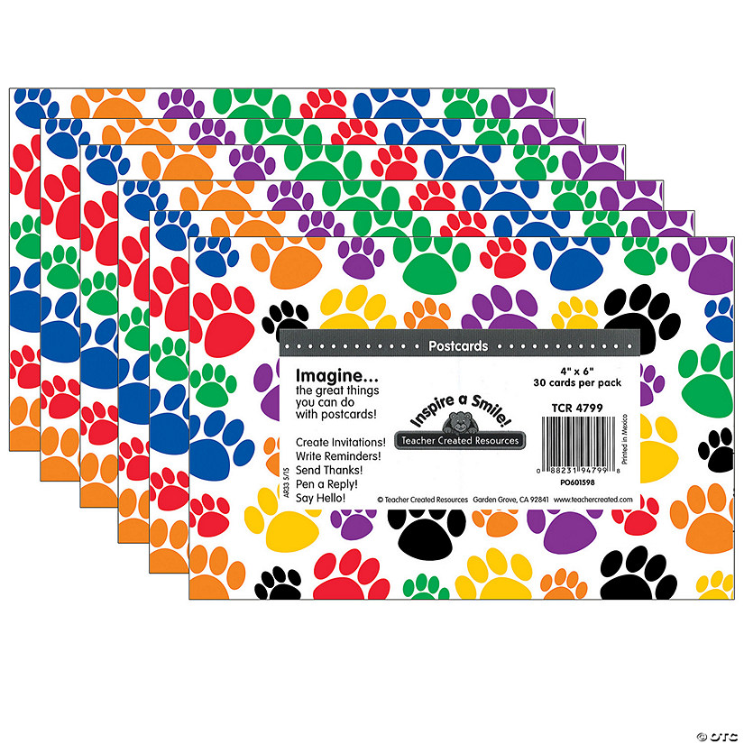 Teacher Created Resources Colorful Paw Prints Postcards, 30 Per Pack, 6 Packs Image