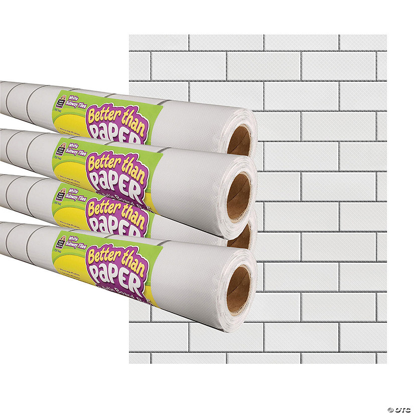Teacher Created Resources White Subway Tile Better Than Paper Bulletin Board Roll, 4' x 12', Pack of 4 Image