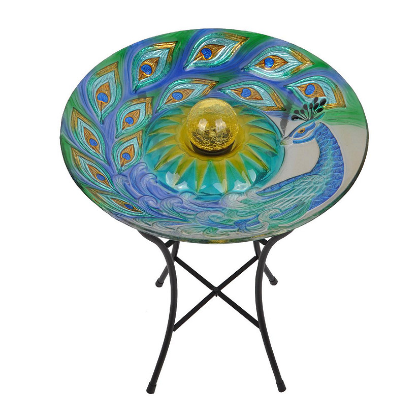 Teamson Home 18" Outdoor Solar Glass Peacock Birdbath with LED Lights and Stand, Multicolor Image