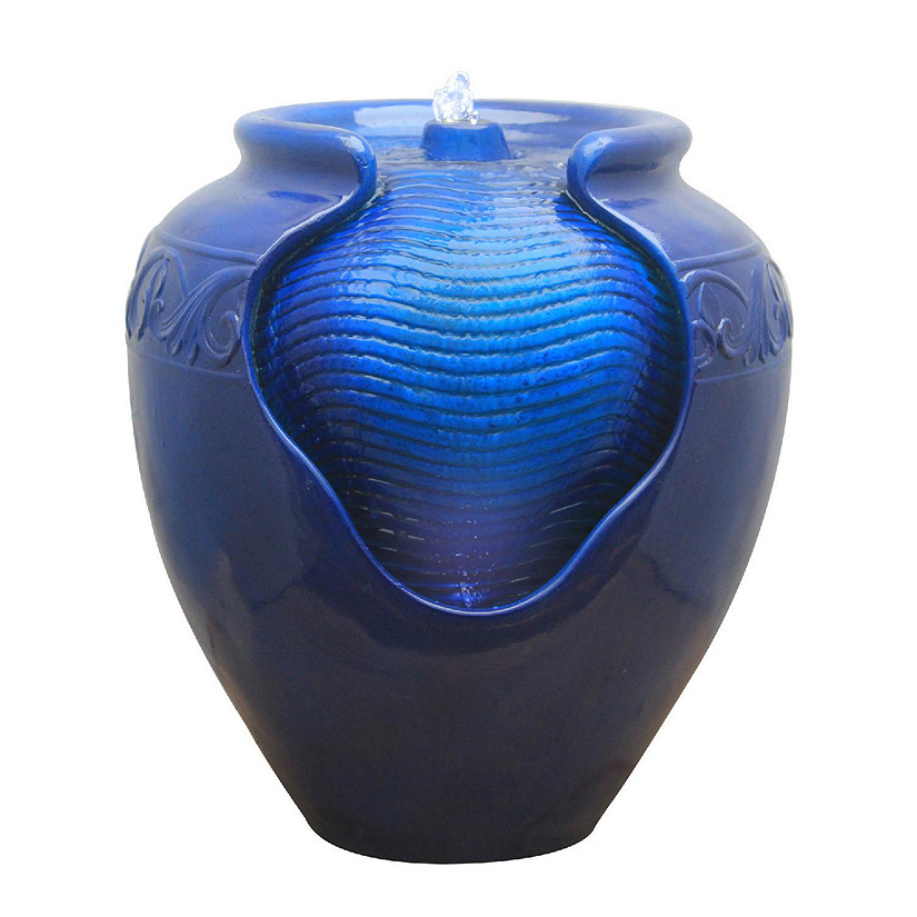 Teamson Home Outdoor Glazed Pot Floor Fountain with LED Lights, Royal Blue Image