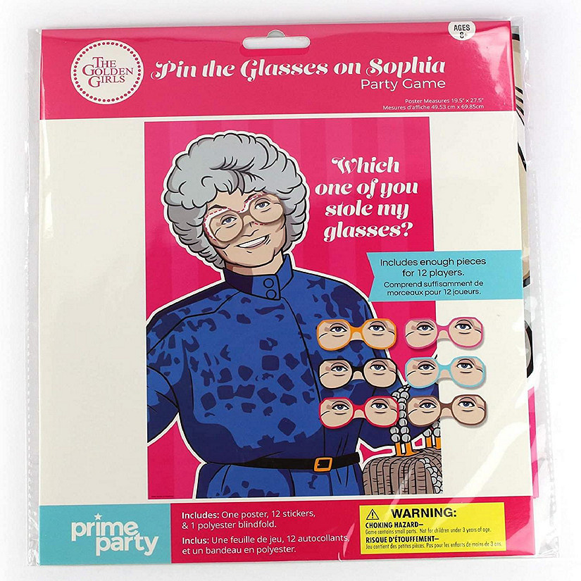 The Golden Girls Pin the Glasses on Sophia Party Game  Poster: 19.5" x 27.5", Includes 12 glasses (stickers) and one polyester blindfold. Image