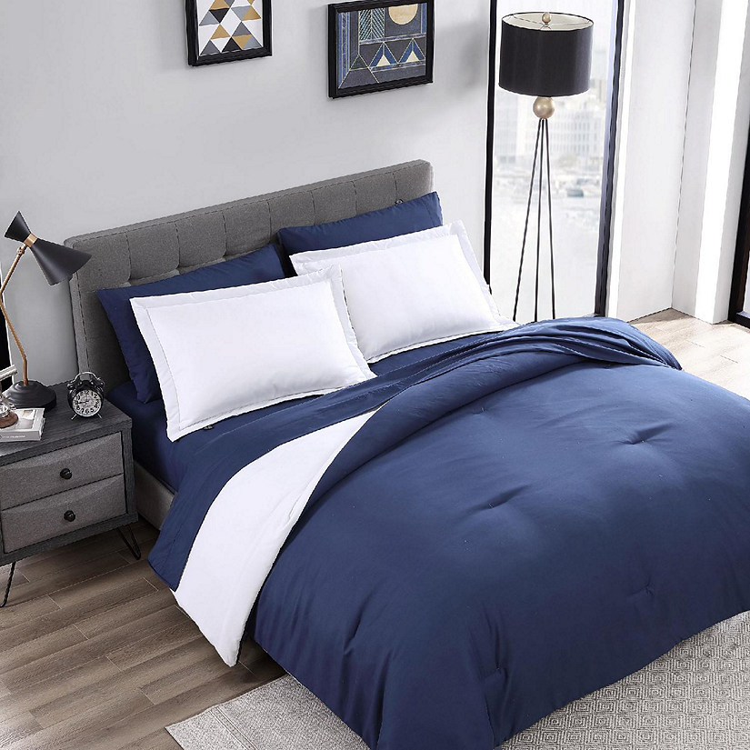 The Nesting Company Chestnut Reversible Bed in a bag Bedding Collection in King 7 Piece Comforter and Sheet Set in White and Navy King Image