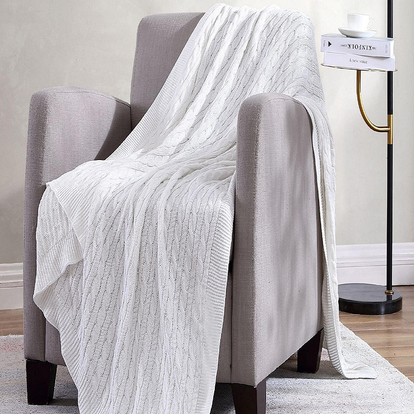 The Nesting Company Oak 100% Cotton Cable Knit Collection Throw in White, Luxuriously Soft 100% Cotton 50"x70" Throw Blanket, Machine Washable Image