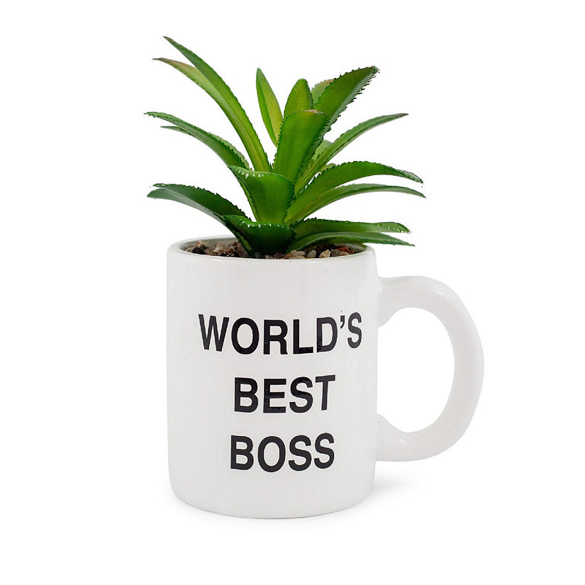The Office "World's Best Boss" 3-Inch Ceramic Mini Planter With Artificial Succulent Image