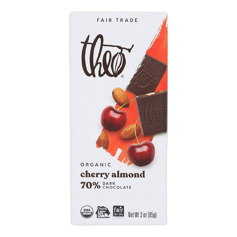 Theo Chocolate Organic Chocolate Bar Classic Dark Chocolate 70 Percent Cacao Cherry and Almond 3 oz Bars Pack of 12 Image