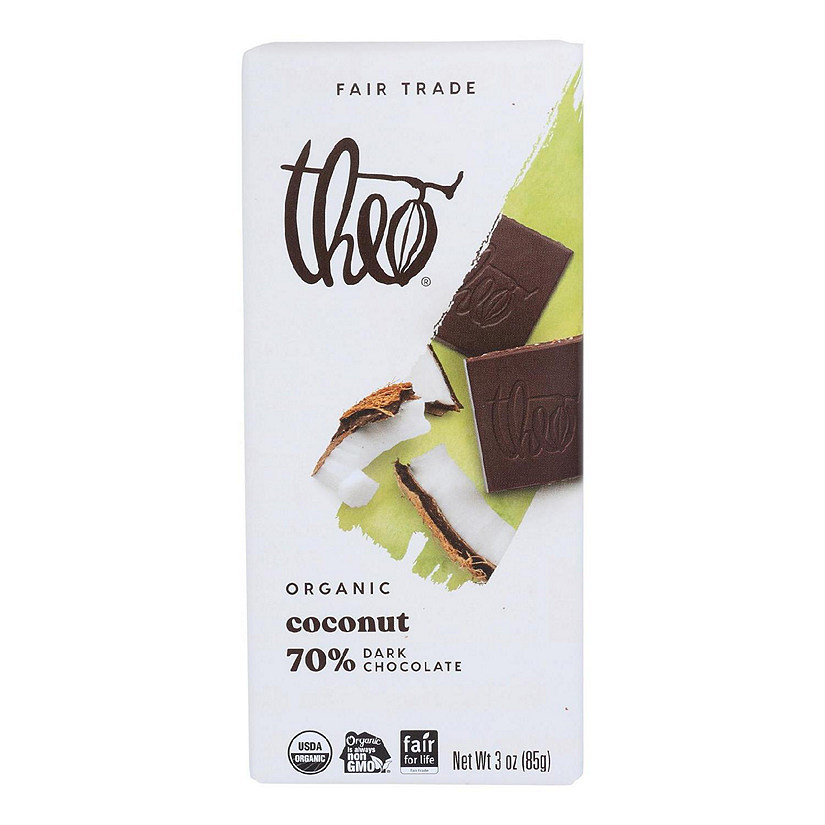 Theo Chocolate Organic Chocolate Bar Classic Dark Chocolate 70 Percent Cacao Coconut 3 oz Bars Pack of 12 Image