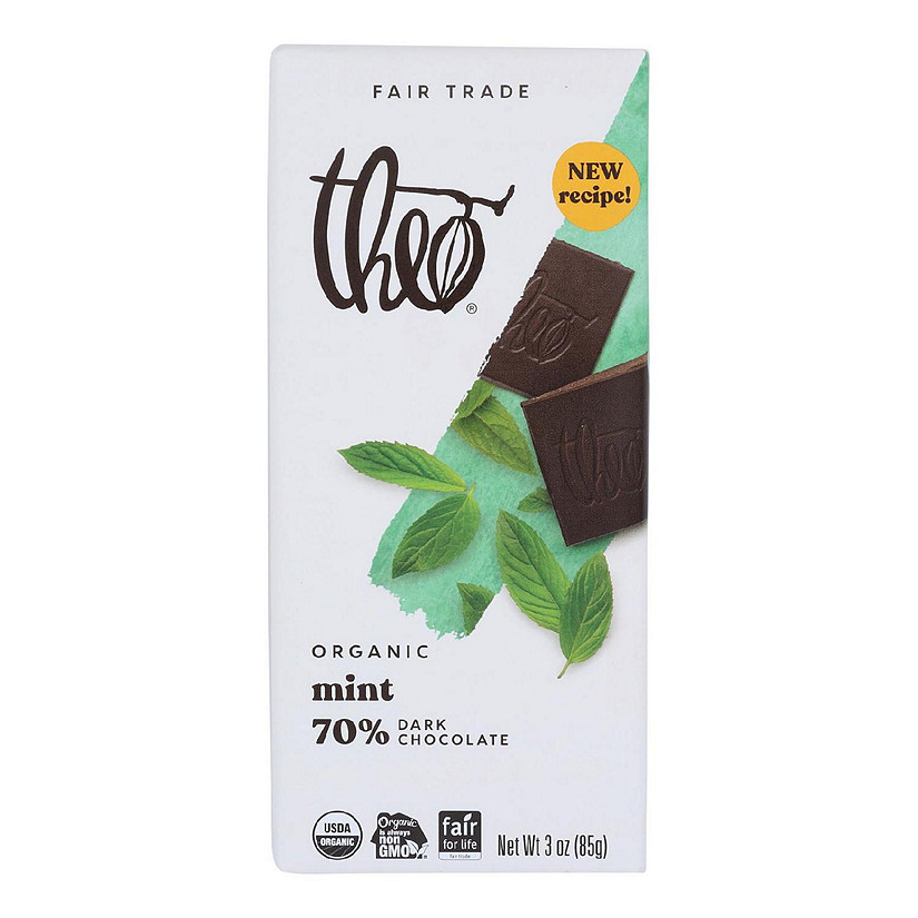 Theo Chocolate Organic Chocolate Bar Classic Dark Chocolate 70 Percent Cacao Mint 3 oz Bars Pack of 12 Image