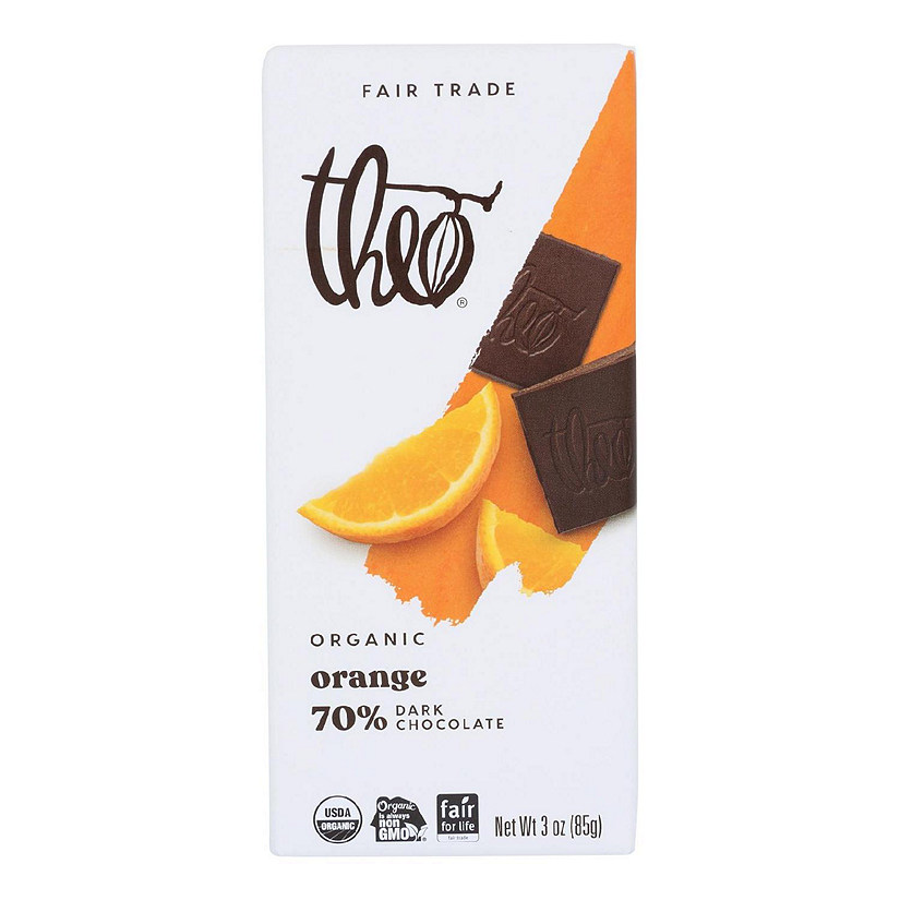 Theo Chocolate Organic Chocolate Bar Classic Dark Chocolate 70 Percent Cacao Orange 3 oz Bars Pack of 12 Image