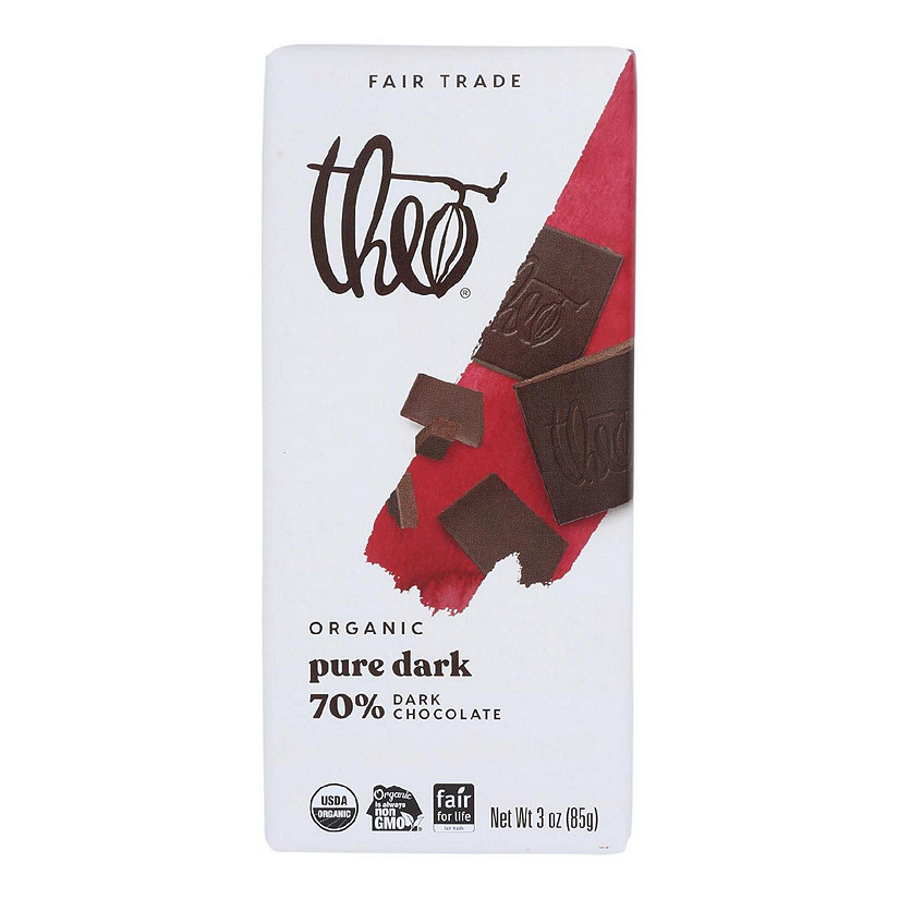 Theo Chocolate Organic Chocolate Bar Classic Dark Chocolate 70 Percent Cacao Pure 3 oz Bars Pack of 12 Image