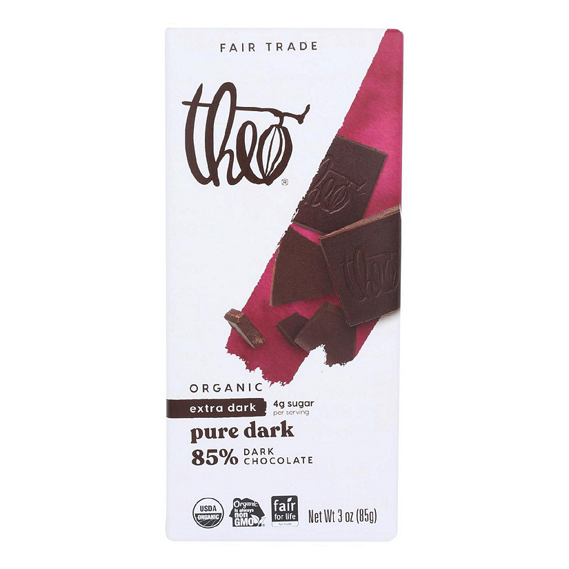 Theo Chocolate Organic Chocolate Bar Classic Dark Chocolate 85 Percent Cacao Pure 3 oz Bars Pack of 12 Image