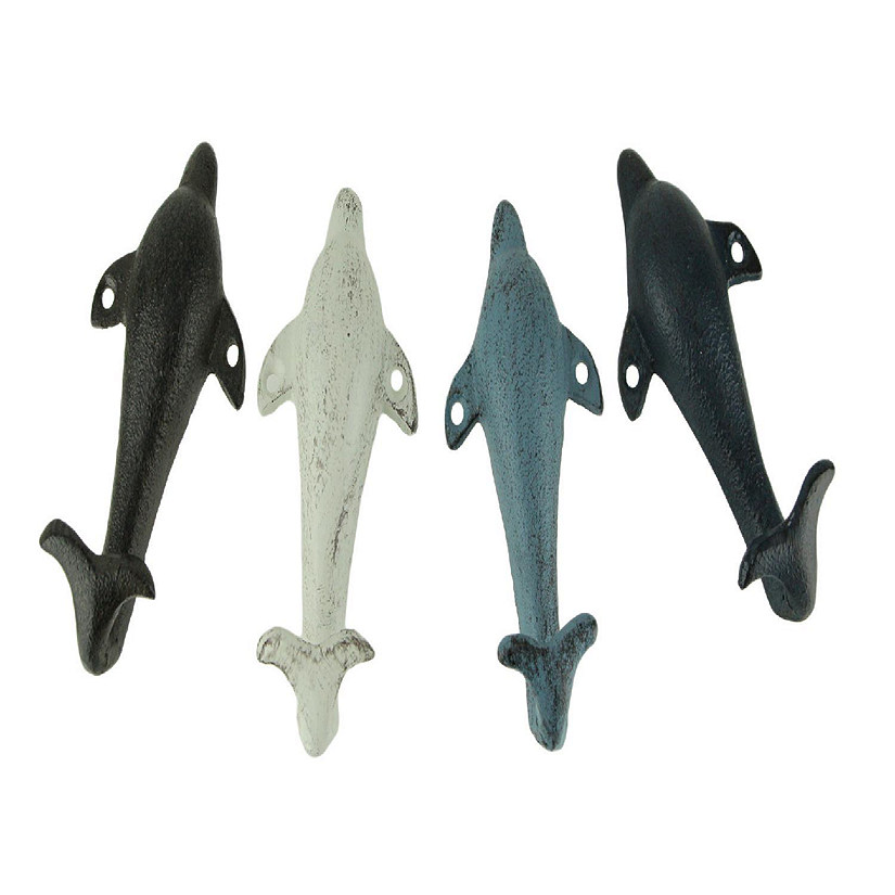 Things2die4 4 Piece Distressed Finish Cast Iron Dolphin Wall Hook Set Coastal Colors