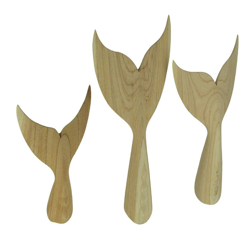 Things2Die4 Hand Carved Wood Whale Tail Sculptures Coastal Decor Set of 3 Image