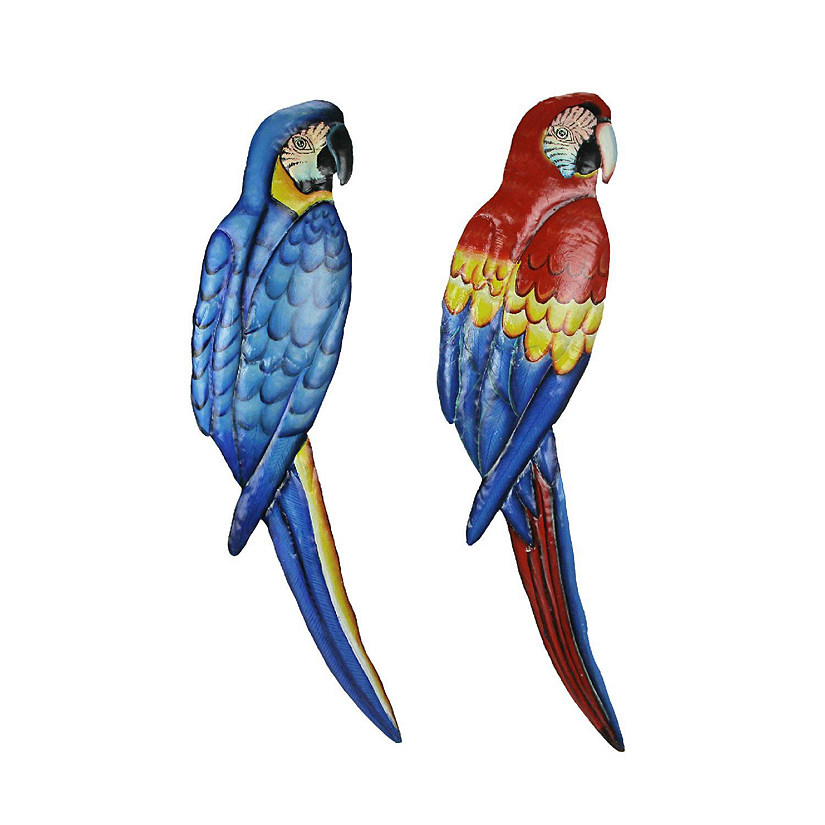 Things2Die4 Set of 2 Hand Painted Blue and Scarlet Macaw Bird Recycled Metal Wall Hangings 35 Inches High Image