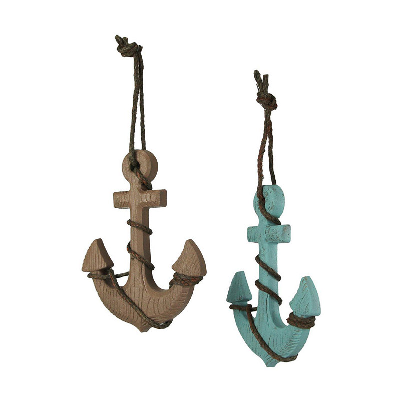 Things2Die4 Set of 2 Wooden Ship Anchor Wall Hangings Blue and Brown 8.75 Inches High Image