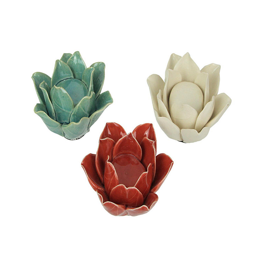 Things2Die4 Set of 3 Ceramic Flower Tealight Candle Holders Decorative Votive Light Decor Image