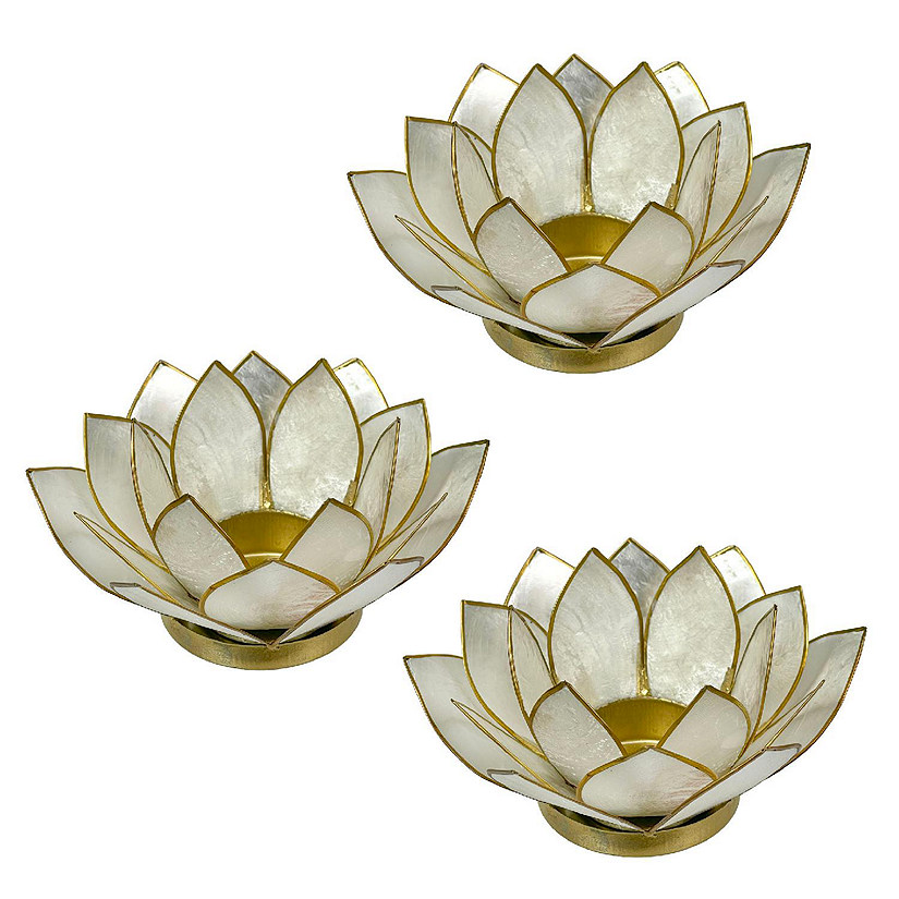 Things2Die4 White Capiz Shell Lotus Flower Small Tealight Candle Holder Set of 3 Image