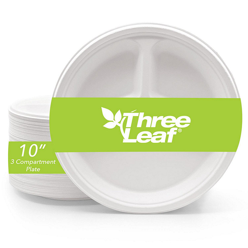Three Leaf 10" 3 Compartment Bagasse Disposable Round Plate, 500 Ct. Image