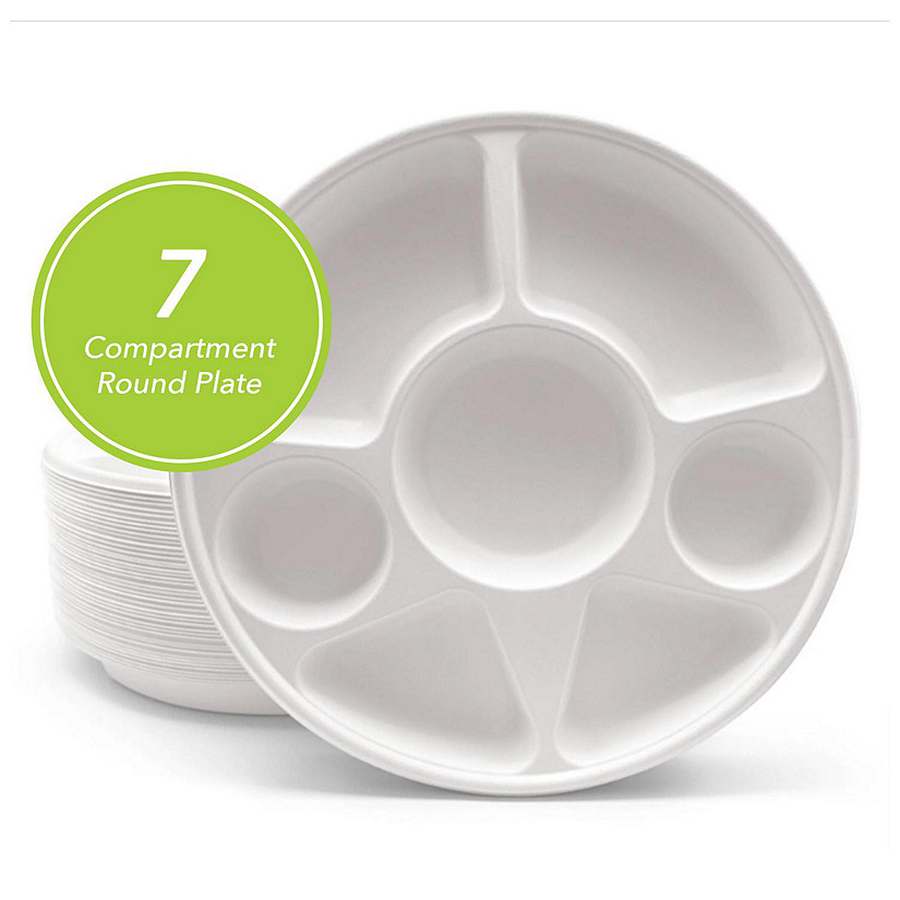 Three Leaf 7 Compartment Bagasse Disposable Round Plate, 200 Ct. Image