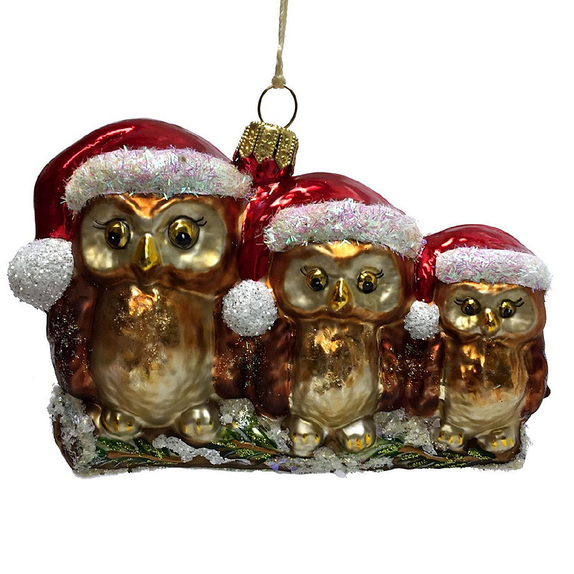 Three Owls Wearing Santa Hats on Branch Polish Glass Christmas Ornament Birds Image