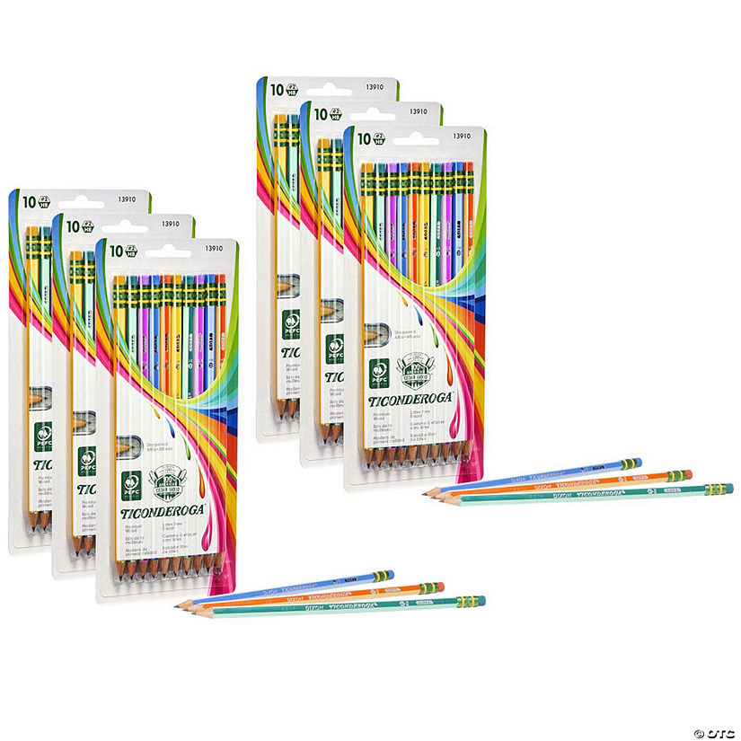 Ticonderoga Pencils, #2 Soft, Neon Stripes, Presharpened, 10 Per Pack, 6 Packs Image